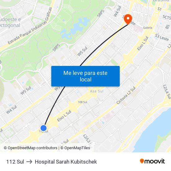 112 Sul to Hospital Sarah Kubitschek map