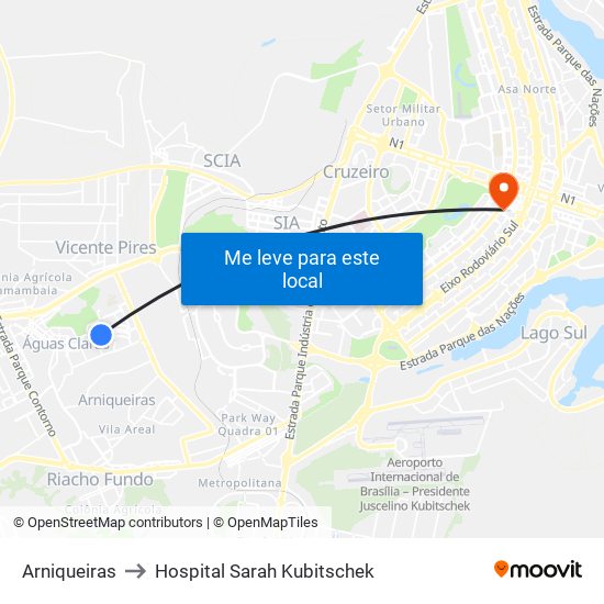 Arniqueiras to Hospital Sarah Kubitschek map