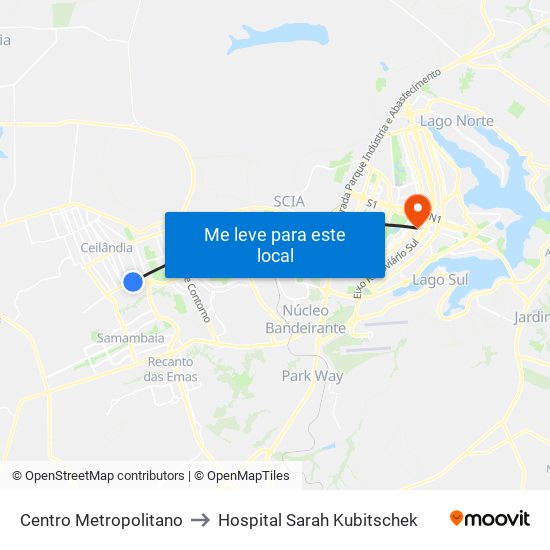 Centro Metropolitano to Hospital Sarah Kubitschek map