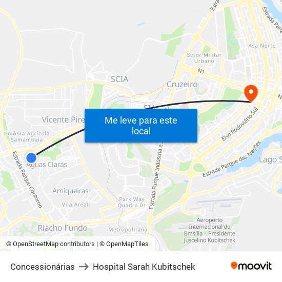 Concessionárias to Hospital Sarah Kubitschek map