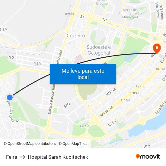 Feira to Hospital Sarah Kubitschek map