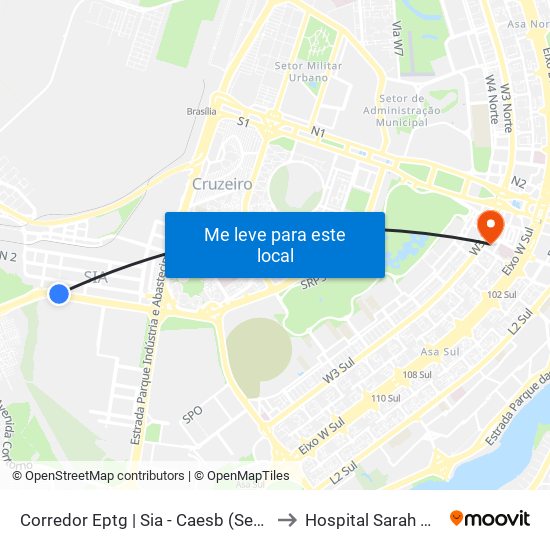 Corredor Eptg | Sia - Caesb (Sentido Taguatinga) to Hospital Sarah Kubitschek map
