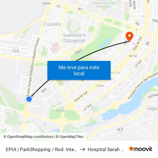 Epia Sul | Parkshopping / Rod. Interestadual / Assaí to Hospital Sarah Kubitschek map