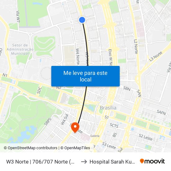 W3 Norte | 706/707 Norte (Mcdonald'S) to Hospital Sarah Kubitschek map