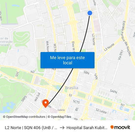 L2 Norte | Sqn 406 (Unb / Odonto Hub) to Hospital Sarah Kubitschek map