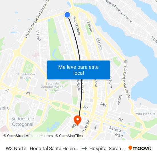 W3 Norte | Hospital Santa Helena / Santa Lúcia Norte to Hospital Sarah Kubitschek map