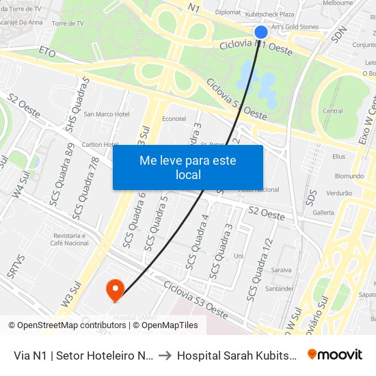 Via N1 | Setor Hoteleiro Norte to Hospital Sarah Kubitschek map