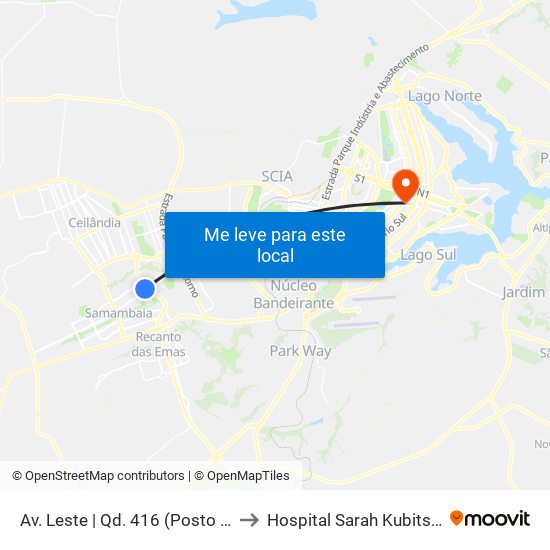 Av. Leste | Qd. 416 (Posto Shell) to Hospital Sarah Kubitschek map