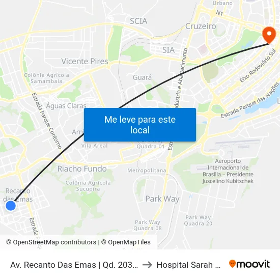 Av. Recanto Das Emas | Qd. 203 (Igreja Universal) to Hospital Sarah Kubitschek map