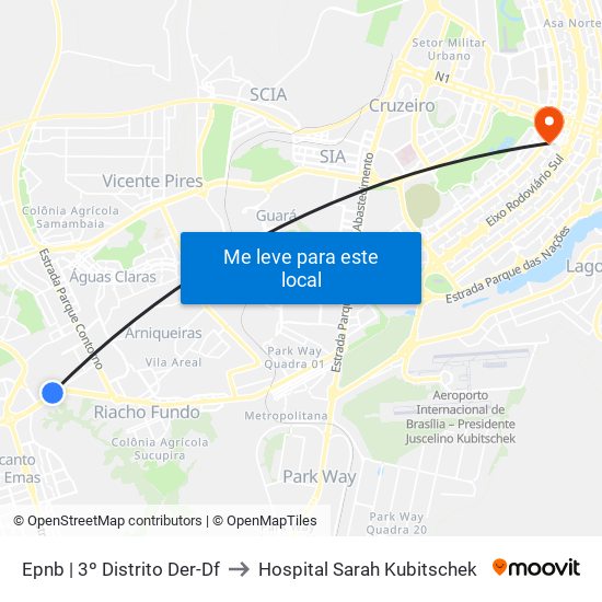 Epnb | 3º Distrito Der-Df to Hospital Sarah Kubitschek map