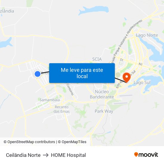 Ceilândia Norte to HOME Hospital map