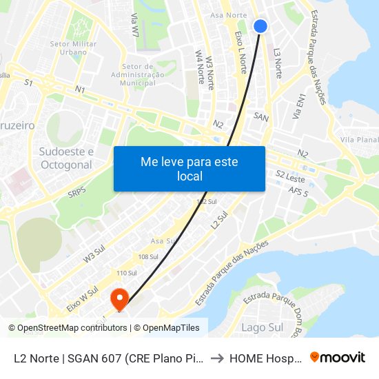 L2 Norte | Sgan 607 (Brasília Medical Center / Cean) to HOME Hospital map