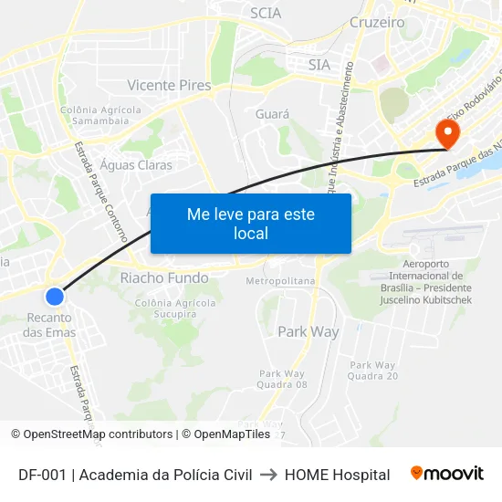 DF-001 | Academia da Polícia Civil to HOME Hospital map