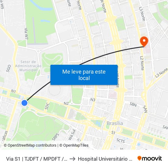 Via S1 | TJDFT / MPDFT / Palácio do Buriti to Hospital Universitário de Brasília (HUB) map