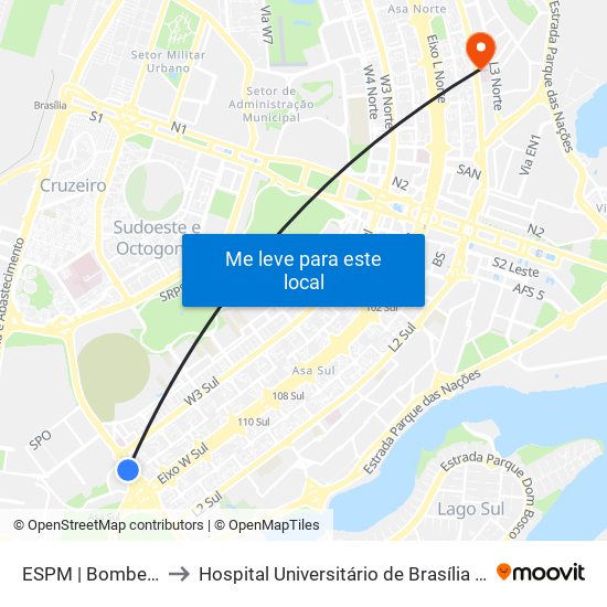 Setor Policial Sul | Corpo De Bombeiros to Hospital Universitário de Brasília (HUB) map