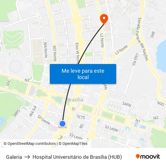 Galeria to Hospital Universitário de Brasília (HUB) map