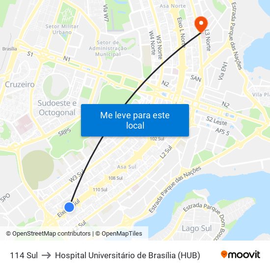 114 Sul to Hospital Universitário de Brasília (HUB) map