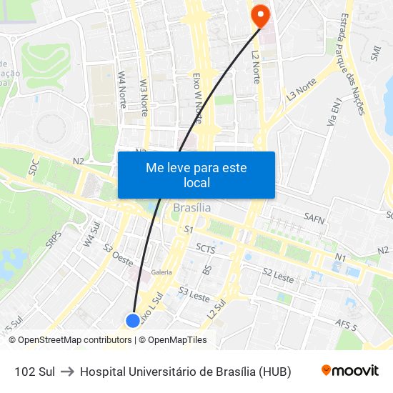 102 Sul to Hospital Universitário de Brasília (HUB) map