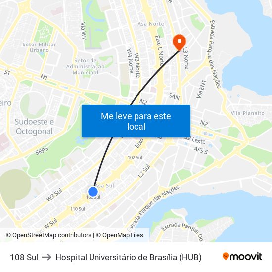 108 Sul to Hospital Universitário de Brasília (HUB) map