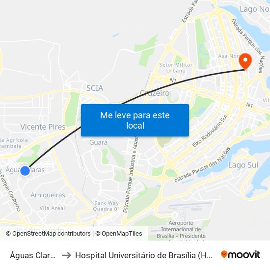 Águas Claras to Hospital Universitário de Brasília (HUB) map