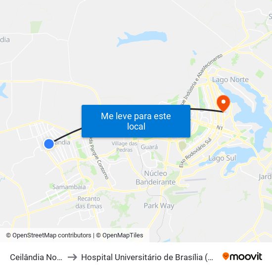 Ceilândia Norte to Hospital Universitário de Brasília (HUB) map