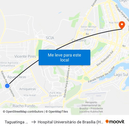 Taguatinga Sul to Hospital Universitário de Brasília (HUB) map