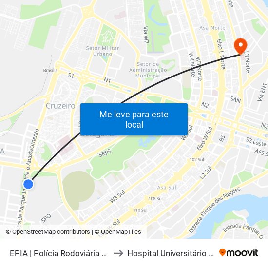 Epia Sul | Sede Prf / Novacap to Hospital Universitário de Brasília (HUB) map