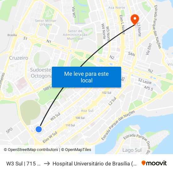 W3 Sul | 715 Sul to Hospital Universitário de Brasília (HUB) map