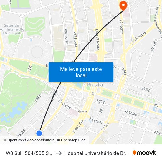 W3 Sul | 504/505 Sul (SESC) to Hospital Universitário de Brasília (HUB) map