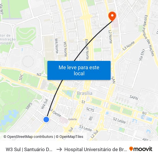 W3 Sul | Santuário Dom Bosco to Hospital Universitário de Brasília (HUB) map