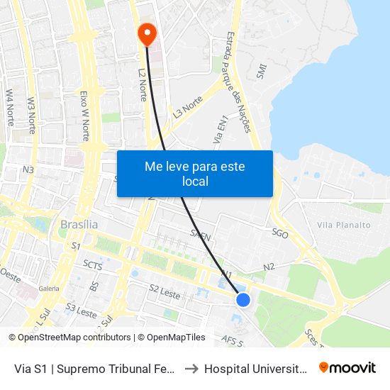 Via S1 | Supremo Tribunal Federal / Praça dos Três Poderes to Hospital Universitário de Brasília (HUB) map