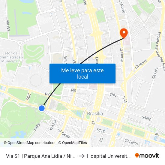 Via S1 | Parque Ana Lídia / Nicolandia / Eixo Ibero-Americano to Hospital Universitário de Brasília (HUB) map