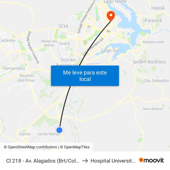 Cl 218 - Av. Alagados (Brt/Colégio Santa Maria/N.S.Aparecida) to Hospital Universitário de Brasília (HUB) map