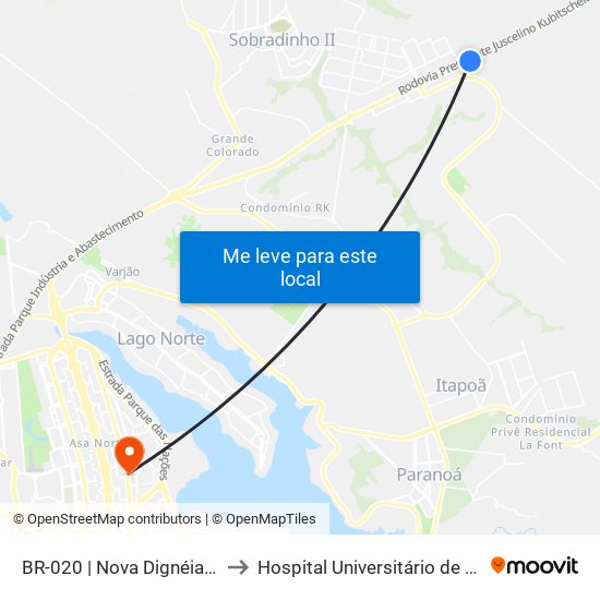 BR-020 | Nova Dignéia / Quadra 18 to Hospital Universitário de Brasília (HUB) map