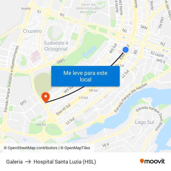 Galeria to Hospital Santa Luzia (HSL) map