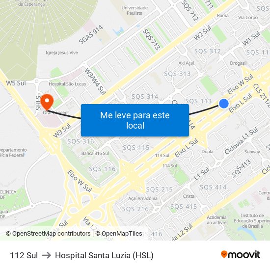 112 Sul to Hospital Santa Luzia (HSL) map