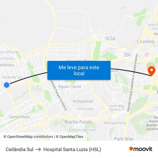 Ceilândia Sul to Hospital Santa Luzia (HSL) map