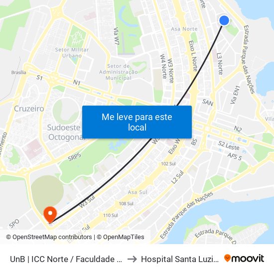 Unb | Icc Norte / Faculdade De Direito to Hospital Santa Luzia (HSL) map