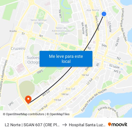 L2 Norte | Sgan 607 (Brasília Medical Center / Cean) to Hospital Santa Luzia (HSL) map