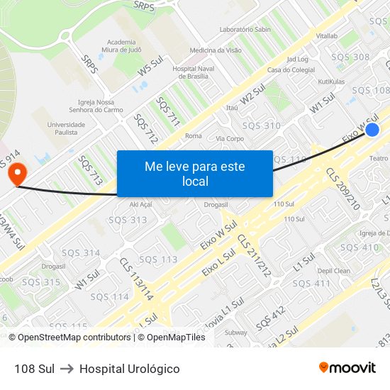 108 Sul to Hospital Urológico map