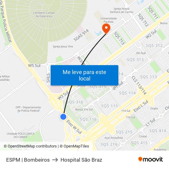 ESPM | Bombeiros to Hospital São Braz map