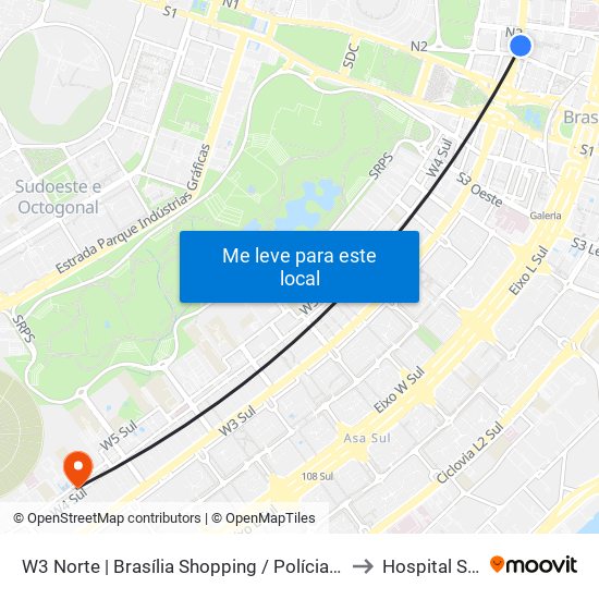 W3 Norte | Brasília Shopping / Polícia Federal / SCN / SHN to Hospital São Braz map