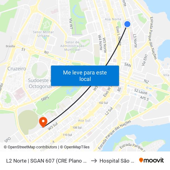 L2 Norte | Sgan 607 (Brasília Medical Center / Cean) to Hospital São Braz map