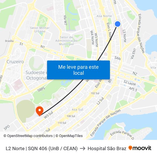 L2 Norte | SQN 406 (UnB / CEAN) to Hospital São Braz map