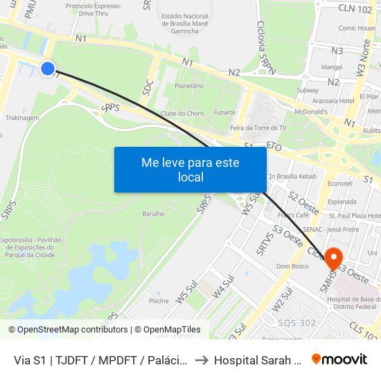Via S1 | TJDFT / MPDFT / Palácio do Buriti to Hospital Sarah Centro map