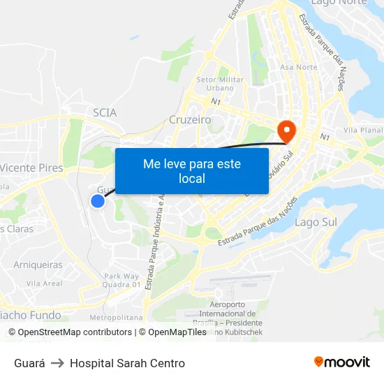 Guará to Hospital Sarah Centro map