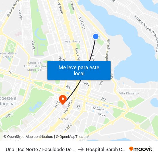 Unb | Icc Norte / Faculdade De Direito to Hospital Sarah Centro map