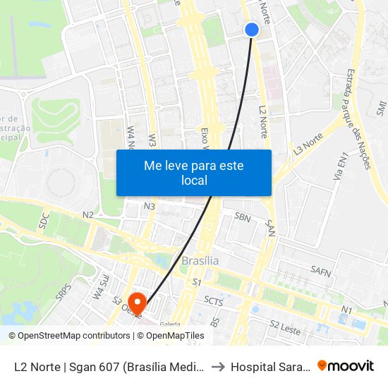 L2 Norte | Sgan 607 (Brasília Medical Center / Cean) to Hospital Sarah Centro map