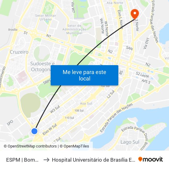 Setor Policial Sul | Corpo De Bombeiros to Hospital Universitário de Brasília Emergencia map