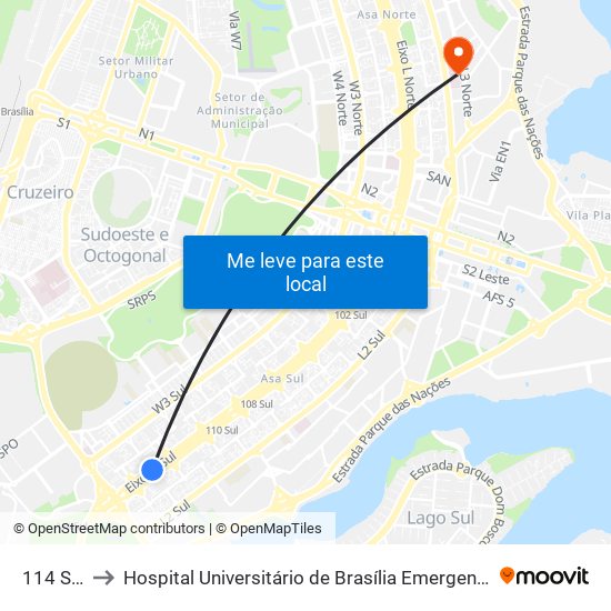 114 Sul to Hospital Universitário de Brasília Emergencia map